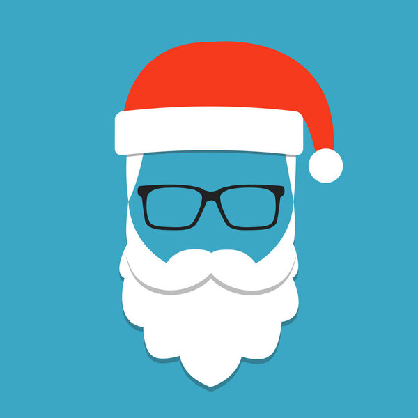 Santa claus with beard, mustache and glasses. Greeting card in hipster style. Vector illustration over teal background