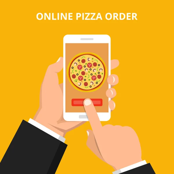 Illustrazione Vettoriale Della Pizza Ordine Online Smartphone Mano Con Pizza — Vettoriale Stock