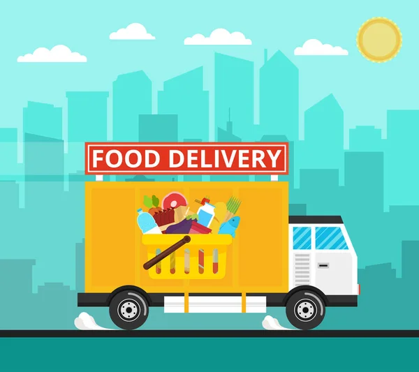 Vector Illustration Food Delivery Truck City Buildings — Stock Vector
