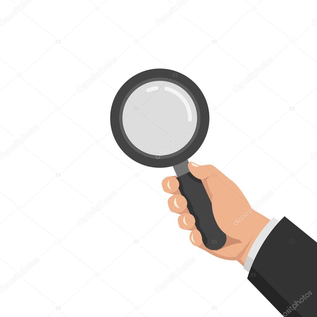 Hand holding a magnifying glass. Flat cartoon style. Vector illustration over white background.