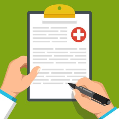 doktor pano tutan vektör illüstrasyon ve yeşil arka plan üzerinde imzalama