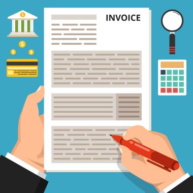 Fatura kavramı ödenmesi. Bir yandan tutun ve kalem tutun. Mavi arka plan simgeleri. Düz vektör çizim.