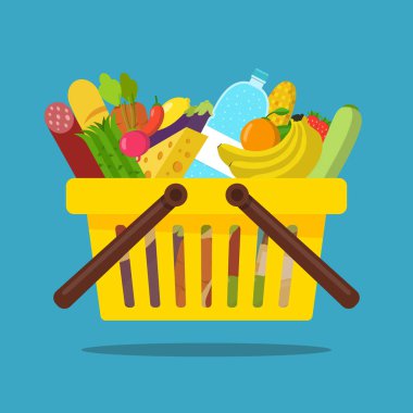 Yiyecek ve içecek ürünleri ile alışveriş sepeti. Online bakkal sipariş kavramı. Vektör düz illüstrasyon.
