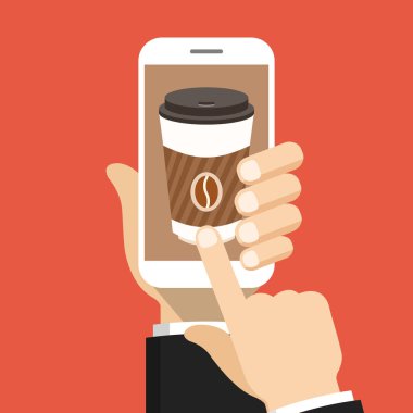 Tek kullanımlık kahve fincanı üstünde belgili tanımlık perde ile Smartphone tutan el. Kahve sipariş online kavramı. Kırmızı bir arka plan üzerinde vektör çizim