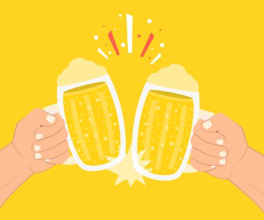 Bira gözlük holding iki eller. Bira Festivali kavramı. Düz çizgi film tarzı. Sarı arka plan üzerinde vektör çizim