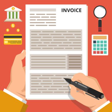 Fatura kavramı ödenmesi. Bir yandan tutun ve kalem tutun. Kırmızı arka plan simgeleri. Düz vektör çizim.