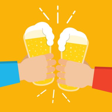 Bira gözlük holding iki eller. Bira Festivali kavramı. Düz çizgi film tarzı. Deniz mavisi arka plan üzerinde vektör çizim