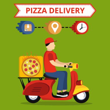 Scooter üzerinde hızlı pizza teslimat hizmeti kavramı. Yeşil arka plan üzerinde düz vektör illüstrasyon