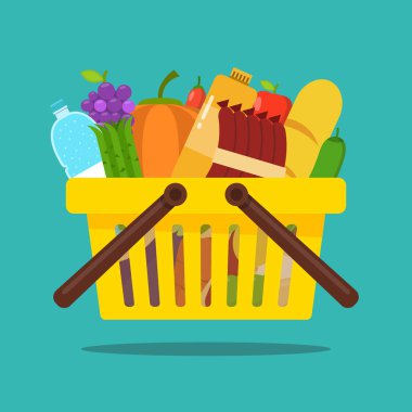 Yiyecek ve içecek ürünleri ile alışveriş sepeti. Online bakkal sipariş kavramı. Vektör düz illüstrasyon.