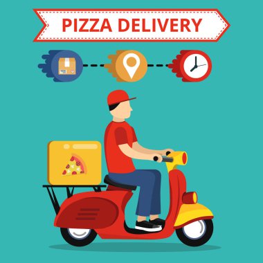 Scooter üzerinde hızlı pizza teslimat hizmeti kavramı. Deniz mavisi arka plan üzerinde düz vektör illüstrasyon