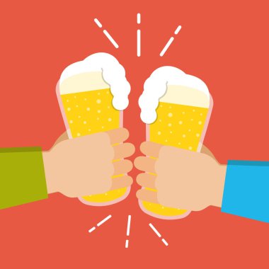 Bira gözlük holding iki eller. Bira Festivali kavramı. Düz çizgi film tarzı. Kırmızı bir arka plan üzerinde vektör çizim