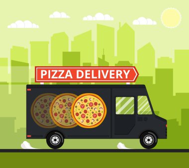 şehir binaları üzerinde pizza dağıtım kamyon vektör illüstrasyon 