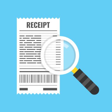 Alış irsaliyesi ve Büyüteç camı. Beyaz bill ve Büyüteç. Mavi arka plan üzerinde vektör çizim.