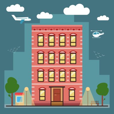 Güzel renkli ev şehir, bulutlar, kuşlar, uçak ve kentsel diğer ayrıntıları.