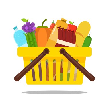 Yiyecek ve içecek ürünleri ile alışveriş sepeti. Online bakkal sipariş kavramı. Vektör düz illüstrasyon.