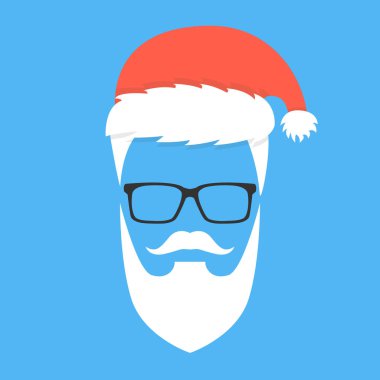 Noel Baba sakal, bıyık ve gözlük. Tebrik kartı hippi tarzı. Mavi arka plan üzerinde vektör çizim