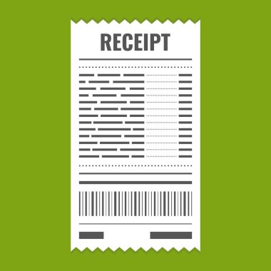Alış irsaliyesi simgesi. Fatura işareti. Bill atm şablonu veya restoran kağıt mali denetimi. Yeşil arka plan üzerinde vektör çizim.