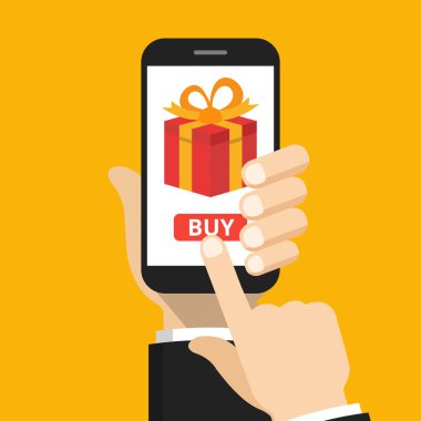 Ekranda hediye kutusu ile akıllı telefon tutarak el. Parmağınızı düğmeye dokunun. Turuncu arka plan üzerinde vektör düz illüstrasyon