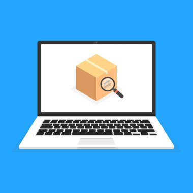 Laptop ile karton kutu ve Büyüteç ekranda. Mavi arka plan üzerinde vektör çizim