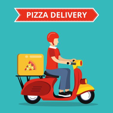 Scooter üzerinde hızlı pizza teslimat hizmeti kavramı. Deniz mavisi arka plan üzerinde düz vektör illüstrasyon