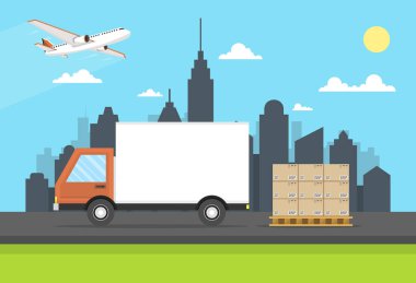 şehir üzerinde kutuları ile teslimat kamyon vektör illüstrasyon