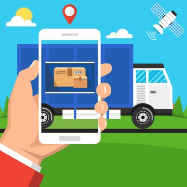 el tutan akıllı telefon vektör illüstrasyon. online teslimat ve izleme konsepti