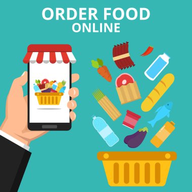Online yemek siparişi. Smartphone sepet üstünde belgili tanımlık perde ile tutan el. Deniz mavisi arka plan üzerinde düz vektör çizim