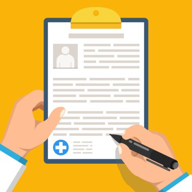 doktor pano tutan vektör illüstrasyon ve turuncu arka plan üzerinde imzalama