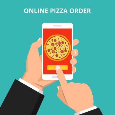 Vektör çizim çevrimiçi semti için pizza. El smartphone pizza ile ekranda deniz mavisi arka plan üzerinde tutarak.