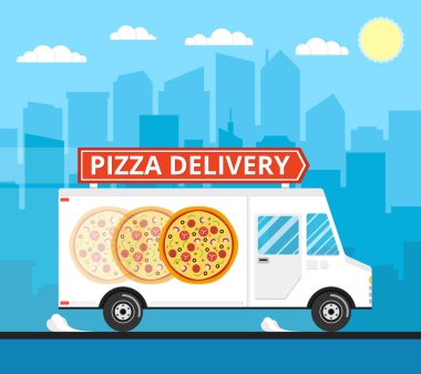 şehir binaları üzerinde pizza dağıtım kamyon vektör illüstrasyon 