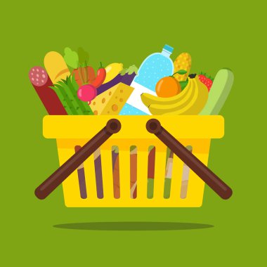 Yiyecek ve içecek ürünleri ile alışveriş sepeti. Online bakkal sipariş kavramı. Vektör düz illüstrasyon.