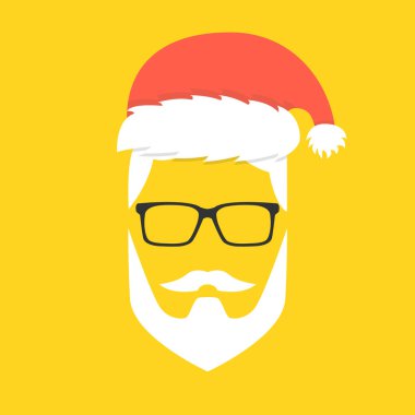 Noel Baba sakal, bıyık ve gözlük. Tebrik kartı hippi tarzı. Sarı arka plan üzerinde vektör çizim