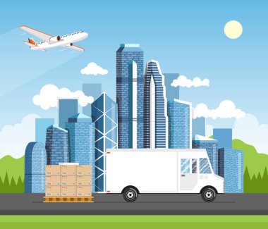 şehir üzerinde kutuları ile teslimat kamyon vektör illüstrasyon