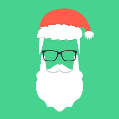 Noel Baba sakal, bıyık ve gözlük. Tebrik kartı hippi tarzı. Yeşil arka plan üzerinde vektör çizim