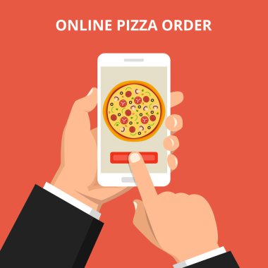 Vektör çizim çevrimiçi semti için pizza. El smartphone pizza ile ekranda kırmızı arka plan üzerinde tutarak.
