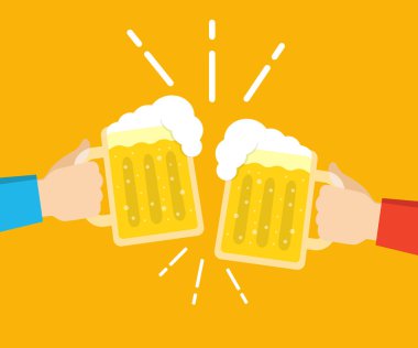 Bira gözlük holding iki eller. Bira Festivali kavramı. Düz çizgi film tarzı. Vektör çizim turuncu arka plan üzerinde