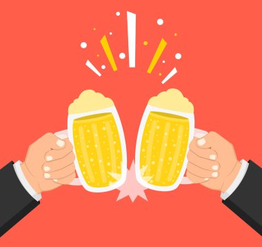 Bira gözlük holding iki eller. Bira Festivali kavramı. Düz çizgi film tarzı. Kırmızı bir arka plan üzerinde vektör çizim