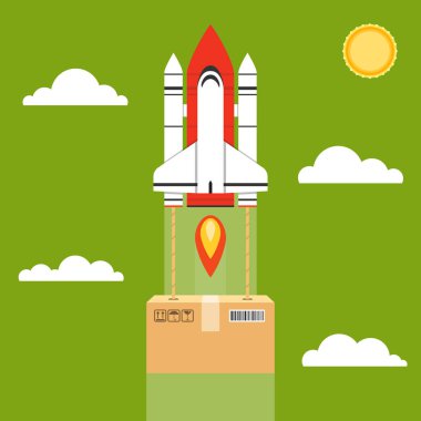 Hızlı teslimat hizmeti kavramı. Karton kutu ile roket. Yeşil arka plan üzerinde vektör Illustration