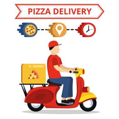 Scooter üzerinde hızlı pizza teslimat hizmeti kavramı. Beyaz arka plan üzerinde düz vektör çizim