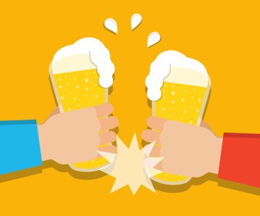 Bira gözlük holding iki eller. Bira Festivali kavramı. Düz çizgi film tarzı. Vektör çizim turuncu arka plan üzerinde