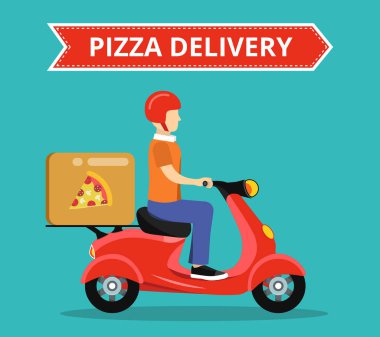 Scooter üzerinde hızlı pizza teslimat hizmeti kavramı. Deniz mavisi arka plan üzerinde düz vektör illüstrasyon