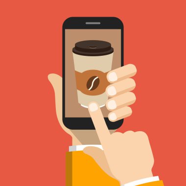 Tek kullanımlık kahve fincanı üstünde belgili tanımlık perde ile Smartphone tutan el. Kahve sipariş online kavramı. Kırmızı bir arka plan üzerinde vektör çizim