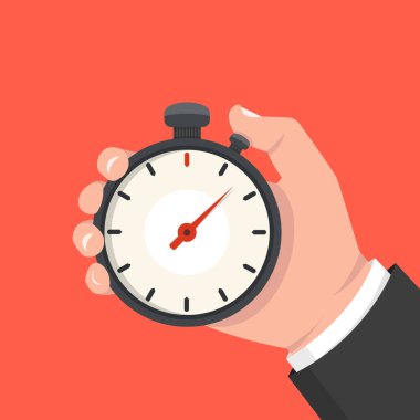 Vektör çizim el kronometre kırmızı arka plan üzerinde tutarak. Zaman yönetimi kavramı