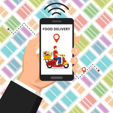 Hızlı teslimat hizmeti kavramı. Ekranda Scooter veya motosiklet ile akıllı telefon tutarak el. Renkli arka plan üzerinde düz vektör illüstrasyon