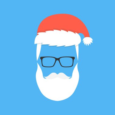Noel Baba sakal, bıyık ve gözlük. Tebrik kartı hippi tarzı. Mavi arka plan üzerinde vektör çizim