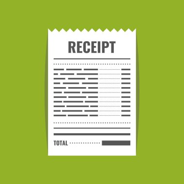 Alış irsaliyesi simgesi. Fatura işareti. Bill atm şablonu veya restoran kağıt mali denetimi. Yeşil arka plan üzerinde vektör çizim.
