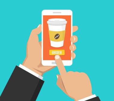 Tek kullanımlık kahve fincanı üstünde belgili tanımlık perde ile Smartphone tutan el. Kahve sipariş online kavramı. Mavi arka plan üzerinde vektör çizim