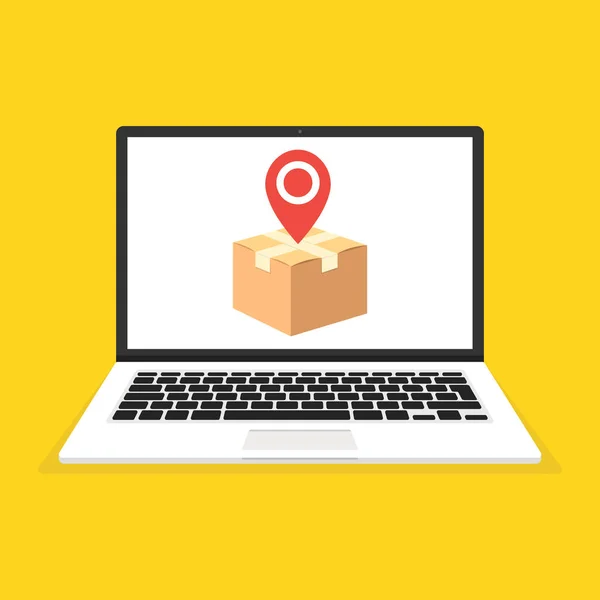 Laptop ile karton kutu ve PIN üstünde perde. Sarı arka plan üzerinde vektör çizim