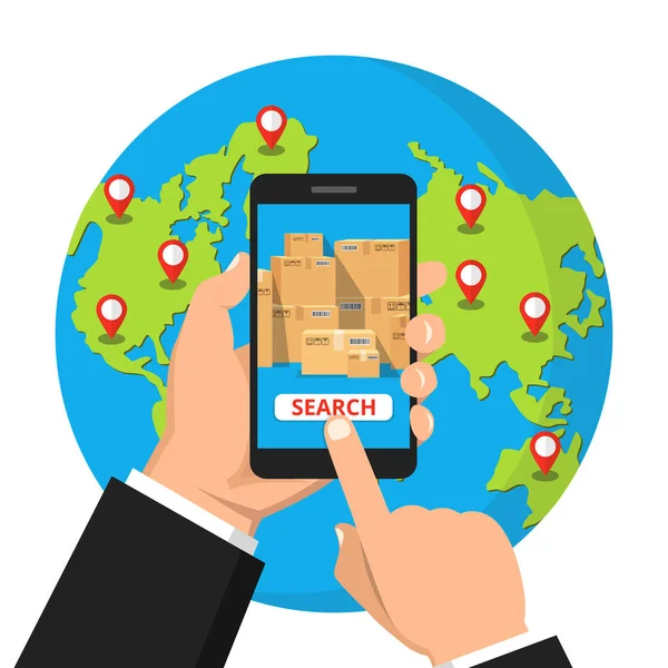 Ilustracja Wektorowa Koncepcji Śledzenia Zamówień Ręczne Przytrzymanie Przycisku Wyszukiwania Mobilnego — Wektor stockowy
