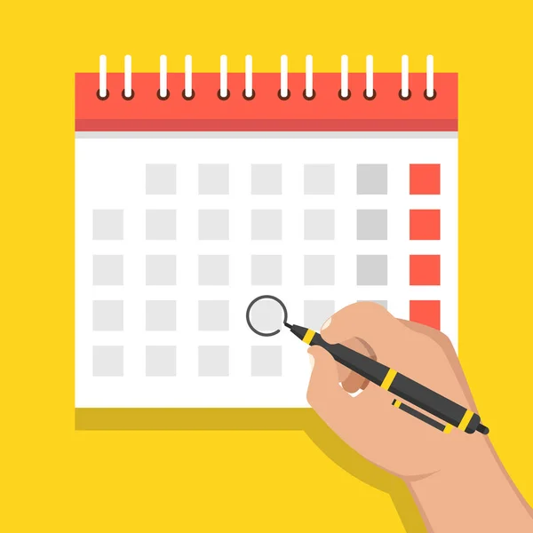 黄色の背景上のカレンダーの日の手のマーキングのベクトルイラスト — ストックベクタ